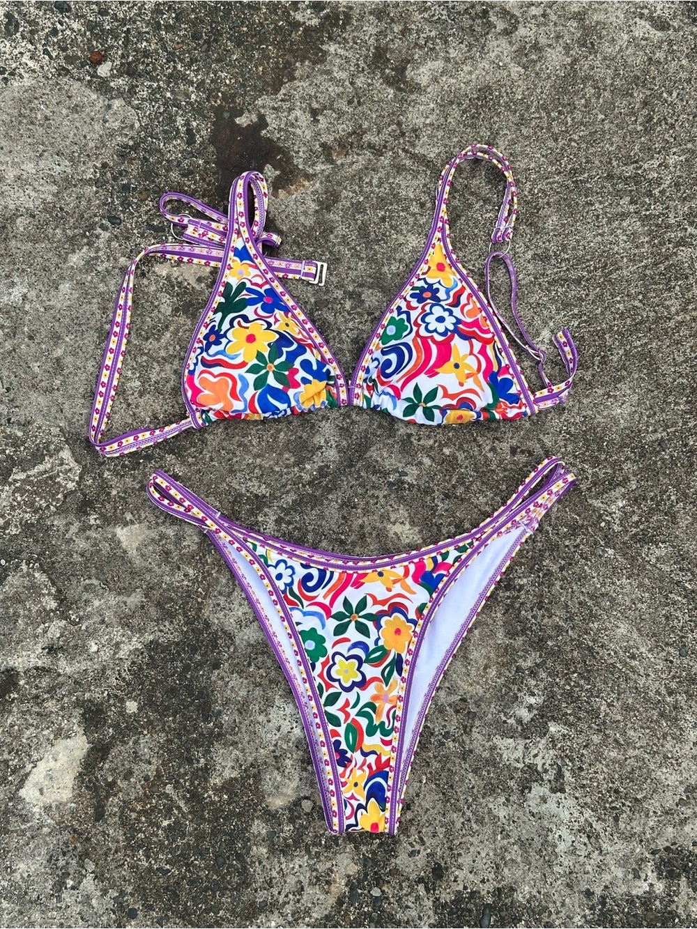 SHEIN Multicolor Floral Triangle Bikini with Purple Trim
